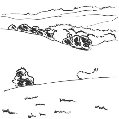 Vektör görüntü. Alanları ile manzara ve tepeler arasında ev