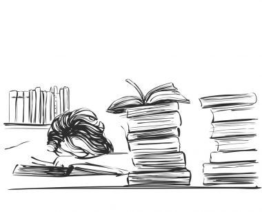 Genç kadın arasında masadaki kitaplar uyku.