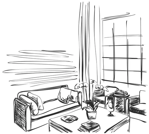 Elle çizilmiş odası iç. Kanepe ve tablo. Kitaplar