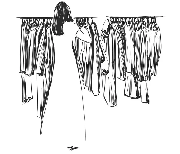 Hand drawn wardrobe sketch. Clothes on the hangers. Girl in the shop — Stock Vector