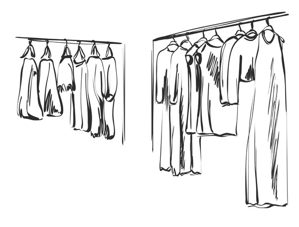 Kleding schets. Kleding aan de hangers. — Stockvector