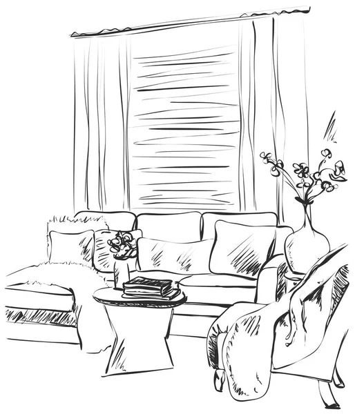 Elle çizilmiş odası iç. Kanepe ve tablo. Kitaplar