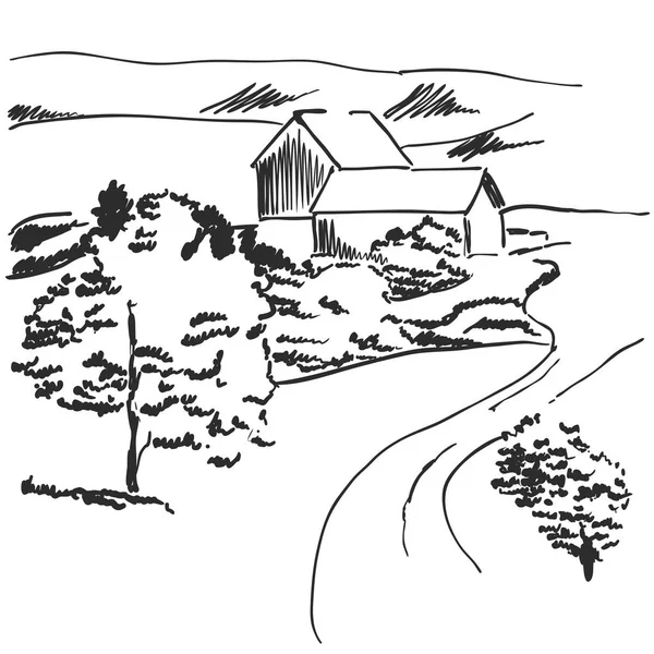 Vektör görüntü. Alanları ile manzara ve tepeler arasında ev