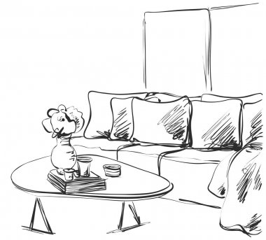 Elle çizilmiş odası iç. Kanepe ve tablo. Kitaplar