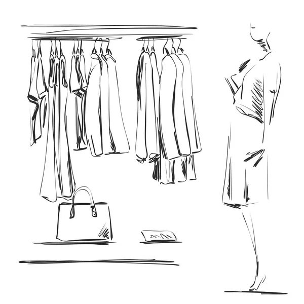 Croquis d'armoire dessiné à la main. Des vêtements sur les cintres. Mannequin dans la boutique — Image vectorielle