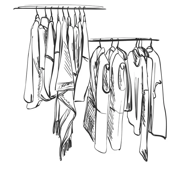 Kleding schets. Kleding aan de hangers. — Stockvector