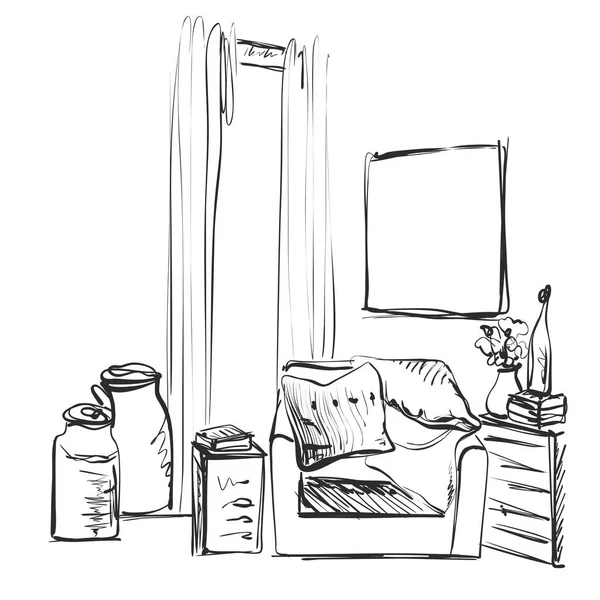 现代室内空间素描。手拉的椅子和枕头. — 图库矢量图片