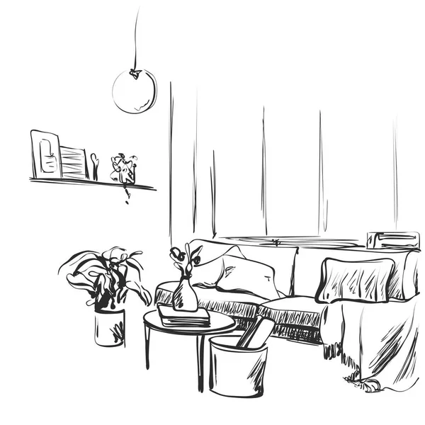 Modern iç Oda kroki. Elle çizilmiş kanepe.