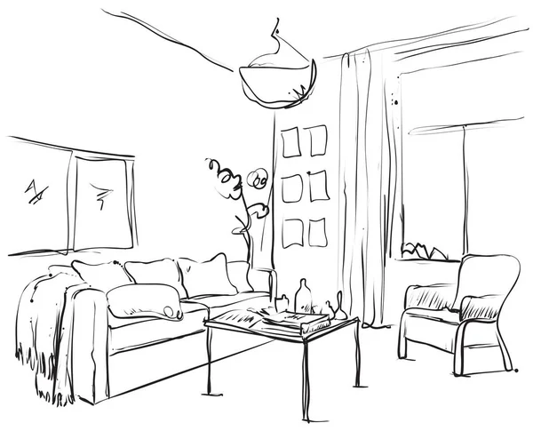 Desenho à mão da moderna sala de estar interior com um sofá, travesseiros, mesa, estante, lâmpadas e imagens . —  Vetores de Stock
