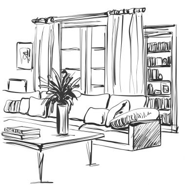 Modern oturma odası iç kanepe, yastıklar, Masa, kitaplık ve resimler el çizilmiş kroki.