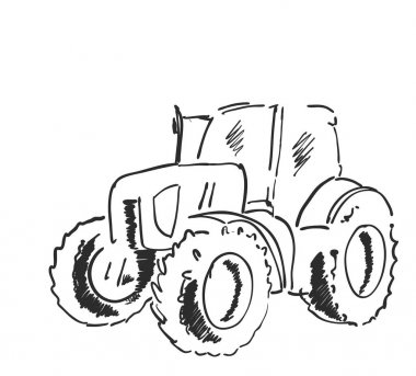 Köyü arazi agrimotor faydalı model. FreeHand doğrusal mürekkep el çekilmiş Icon resmi sanat doodle tarzda yarım yamalak. Traktör