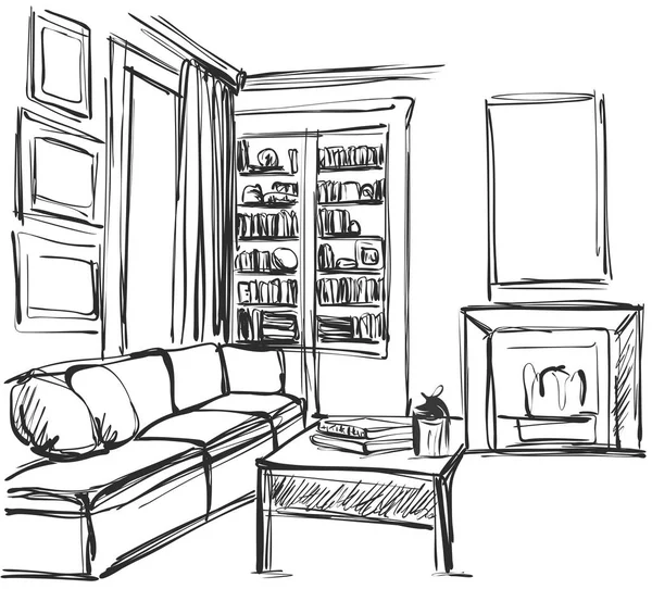 Sketsa gambar tangan interior ruang tamu modern dengan sofa, bantal, meja, rak buku, perapian dan gambar . - Stok Vektor