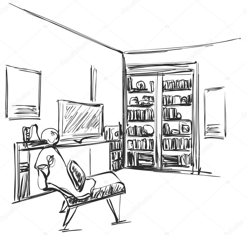 Hand drawn sketch of modern living room interior with a chair, pillows, table, bookshelf and pictures.