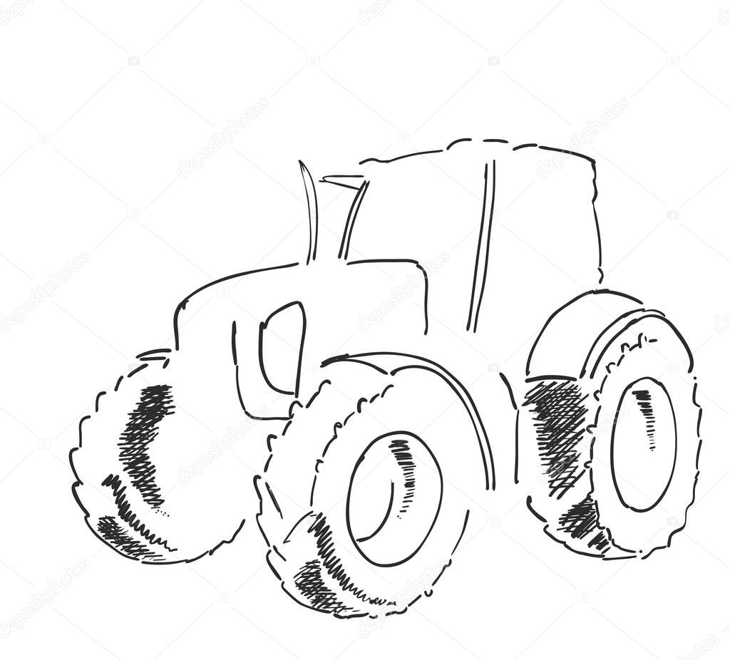 Village land agrimotor utility model. Freehand linear ink hand drawn icon picture sketchy in art doodle style. Tractor