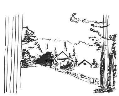Vektör görüntü. Tepeler ve ağaçlar arasında bir ev ile manzara. Çizimi