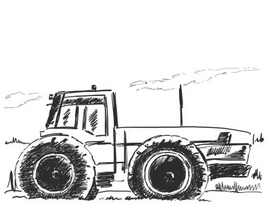 Vektör el çekilmiş traktör beyaz arka plan üzerinde izole. Kroki. Tarım