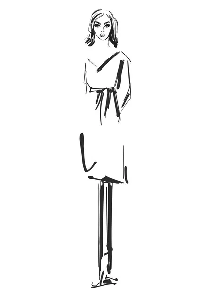 Μοντέλα μόδας σκίτσο. Κινούμενα σχέδια κορίτσι. Φόρεμα — Διανυσματικό Αρχείο