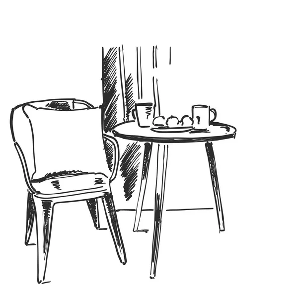 Muebles en cafetería de verano. Silla y boceto de mesa. Interior — Vector de stock