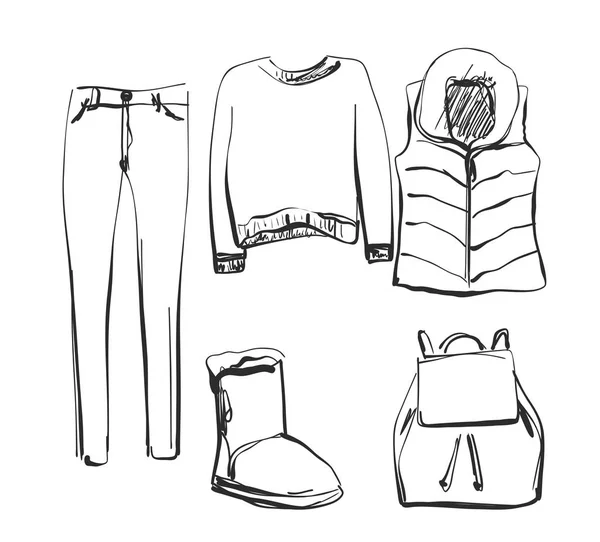 Conjunto de ropa para mujeres. Camisa, chaqueta, pantalones, bolso, zapatos y gafas bosquejo . — Vector de stock