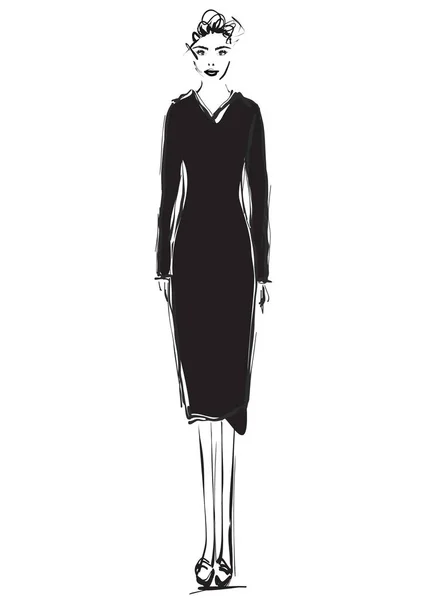 Módní modely skica. Karikatura dívka. Černé šaty — Stockový vektor