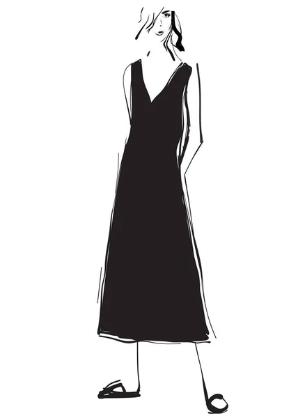 Bosquejo de modelos de moda. Chica de dibujos animados. Vestido — Vector de stock