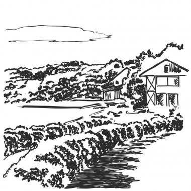 Kırsal manzara alan buğday grafik tarzı. Elle çizilmiş kroki