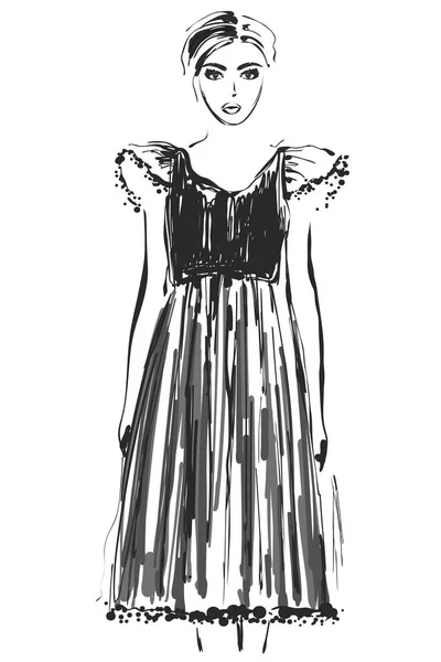 Μοντέλα μόδας σκίτσο. Κινούμενα σχέδια κορίτσι. Φόρεμα — Διανυσματικό Αρχείο