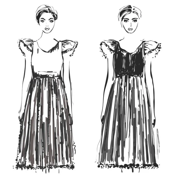 Desenho de modelos de moda. Menina dos desenhos animados. Vestido —  Vetores de Stock