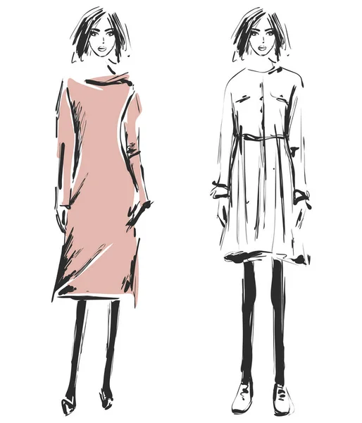 Fashion models sketch. Cartoon girl. Dress — Stock Vector