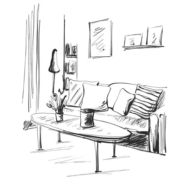 Desenho interior do quarto desenhado à mão. Sofá, travesseiro, mesa, vaso —  Vetores de Stock