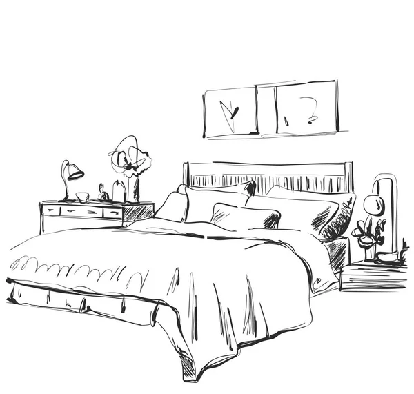 Bosquejo interior del dormitorio. Muebles y ropa de cama dibujados a mano — Vector de stock