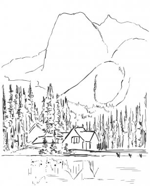 Vektör grafik kroki. Ev ve ağaçları ile kış orman manzara.