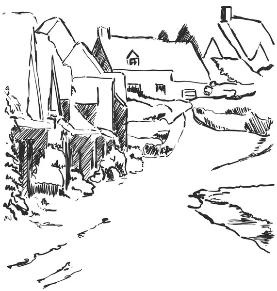 Esquisse du paysage hivernal. Village avec maison et arbres. Route — Image vectorielle