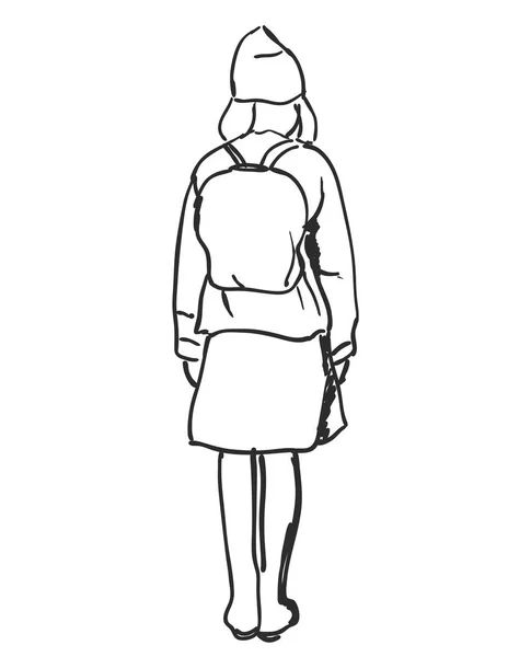 Ручная рисованная школьница с рюкзаком. Векторный эскиз — стоковый вектор