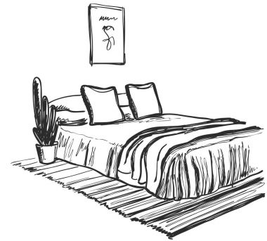 Elle çizilmiş kroki. Bir iç doğrusal taslağını. Satır yatak odası kroki. Vektör çizim