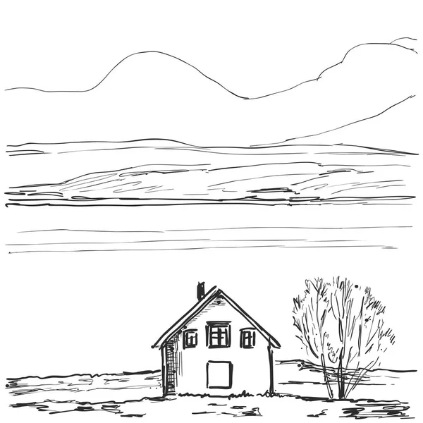 Schema di una casa. Paesaggio disegnato a mano — Vettoriale Stock