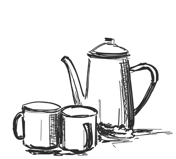 Векторная чашка кофе и чайник, фон, эскиз — стоковый вектор