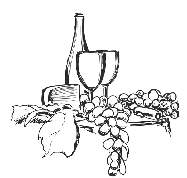 Wijn stilleven geïsoleerd op een witte achtergrond. Hand getekend vectorillustratie. Schetsen — Stockvector