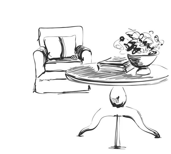 Sketsa perabotan. Kursi dan meja dengan buku dan bunga - Stok Vektor