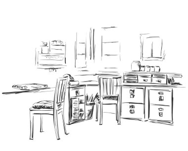 Elle çizilmiş işyeri. Sandalye ve masa kroki