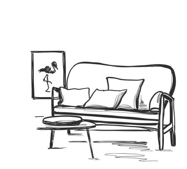 Kanepe ve beyaz arka plan üzerinde tablo. Vektör çizim bir kroki tarzı.