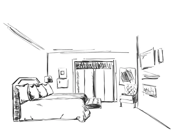 Szkic wnętrza sypialni. Ręcznie rysowane meble. — Wektor stockowy