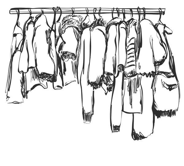 Hand drawn wardrobe sketch. Baby clothes on the hanger. — Stock Vector