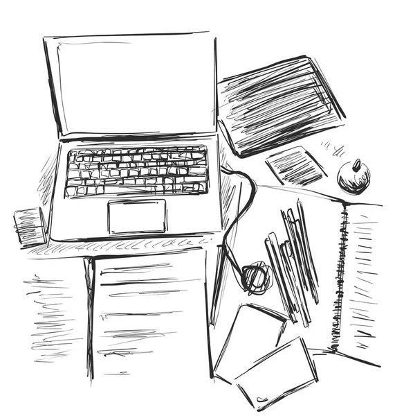 Organisation du lieu de travail, éléments de papeterie sur la table. Croquis bureau bureau de travail. Affaires, consept scolaire. Ordinateur . — Image vectorielle