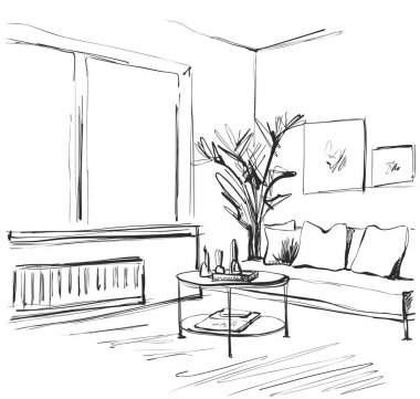 Elle çizilmiş oda iç kroki. Sandalye, kanepe, Masa, saksı