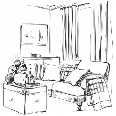 Elle çizilmiş oda iç kroki. Sandalye, kanepe ve diğer mobilya
