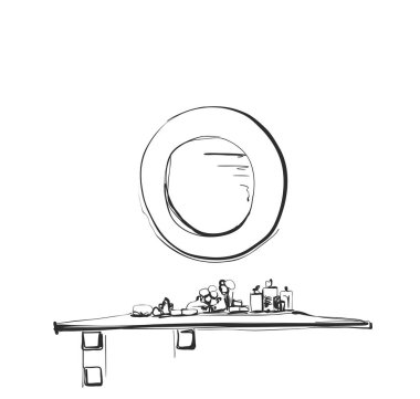 El çizilmiş kroki masa, sandalye ve ayna