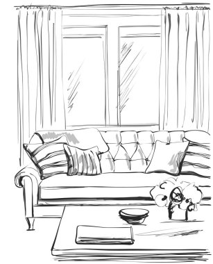 Elle çizilmiş oda iç kroki. Sandalye, kanepe, Masa, saksı