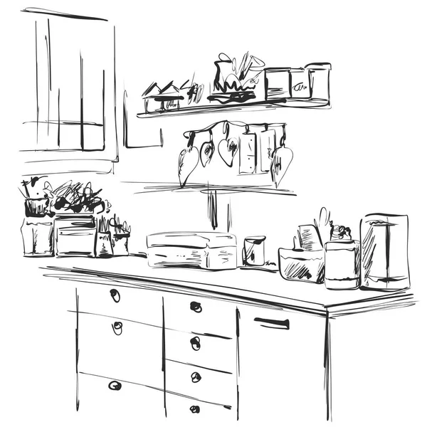 Hand getekende interieur, keuken kast, keuken planken — Stockvector