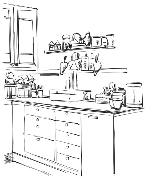 Armário de cozinha, prateleiras de cozinha, interior desenhado à mão —  Vetores de Stock